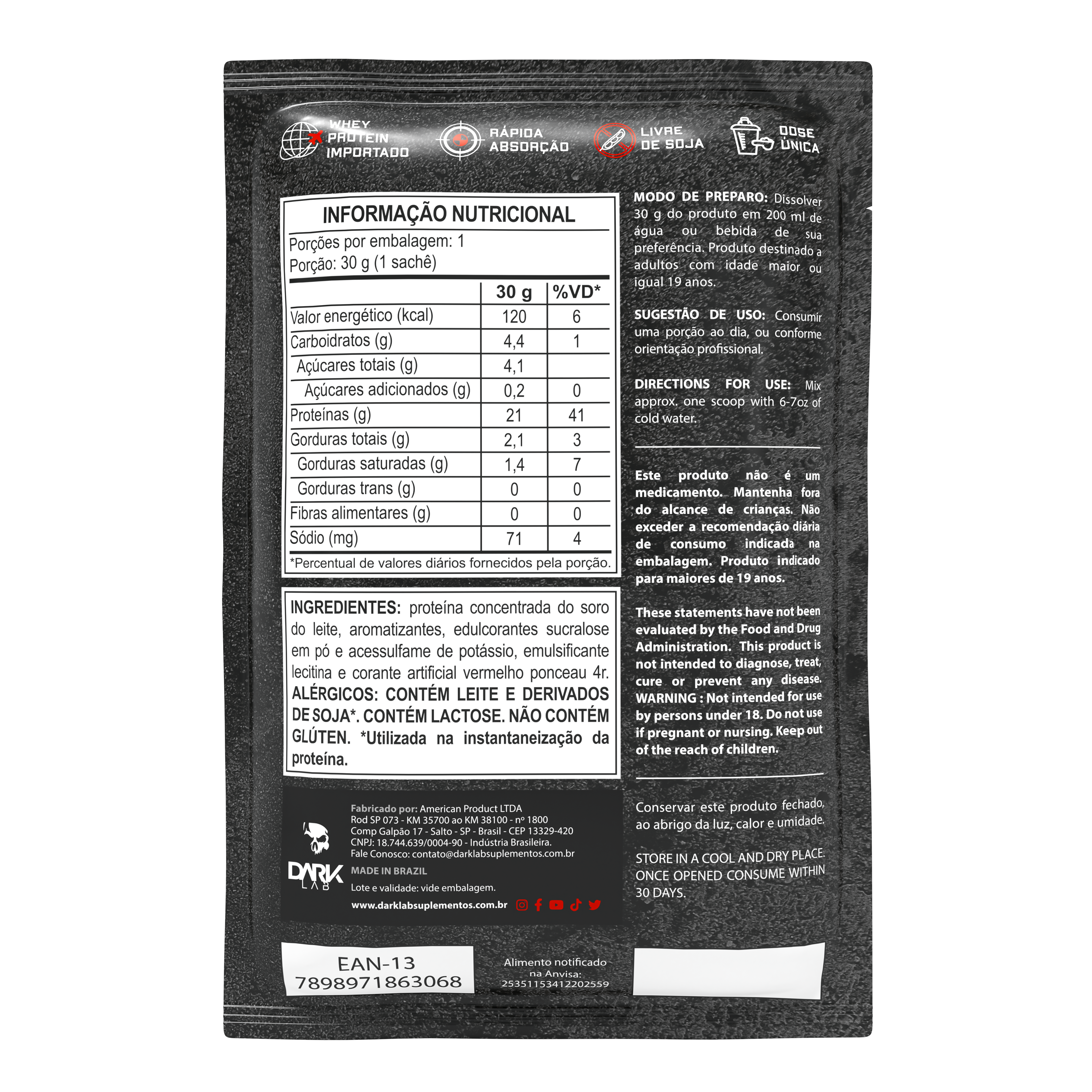 Kit 10 unidades sache 100% Whey Protein 30g Dark Lab